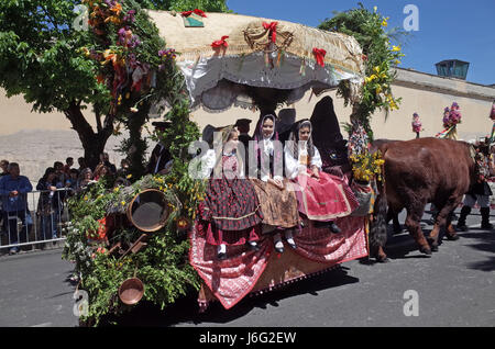 Sassari, Italia 21 maggio 2017 Cavalcata Sarda 2017. Ogni anno nel mese di maggio in Sassari (Sardegna) una spettacolare sfilata di centinaia di passeggino e cavalieri/horsewomen da tutta la Sardegna si svolgerà. La Cavalcata Sarda è seguita da migliaia di persone e da molti turisti che ammirare la bellezza dei costumi, i colori fantasia e la capacità di cavalieri e horsewomen. © Alberto Maisto/Alamy Live News Foto Stock