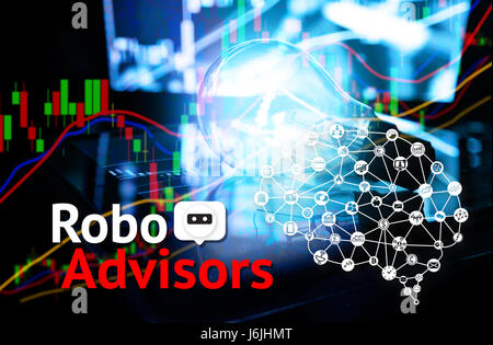 Cyber comunicazione e concetti di robotica. robo advisor concetto. Il testo e le icone del cervello con abstract la lampadina della spia e la sfocatura del mercato azionario sfondo grafico Foto Stock