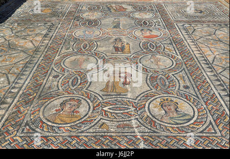 All'interno di mosaico Gordion palace, casa di Dioniso, nell'escavazione romana di Volubilis, Marocco, Africa Foto Stock