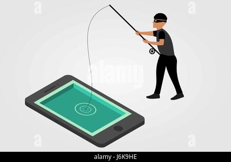 Concetto di phishing. Un ladro è in possesso di una canna da pesca al di sopra di un telefono cellulare. Online il concetto di frode. Attacco di phishing, pesca, hacker, protezione web Vettore Illustrazione Vettoriale