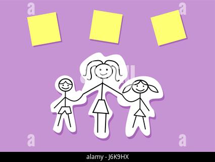 Madre con bambini tenendo le mani. Felice Festa della mamma card. Madre e figlio, figlia con posto per i nomi. Post-it. Disegnato a mano. Vettore Illustrazione Vettoriale