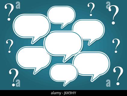 Un punto interrogativo con il discorso di bolle. Punti interrogativi intorno al discorso palloncini. Domande, FAQ, chiedete a noi, aiuto, concetto. Sfondo blu. Vettore Illustrazione Vettoriale