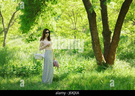 Giovane donna del picnic con cestello in una gonna lunga con una stampa floreale. Messa a fuoco selettiva. Foto Stock