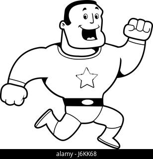 Un felice cartoon supereroe in esecuzione e sorridente. Illustrazione Vettoriale