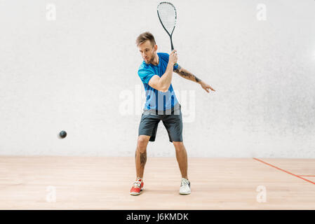 Squash gioco formazione, lettore maschio con la racchetta e la palla, corte interna sullo sfondo Foto Stock