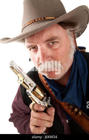 Carattere macho western innescare violenza arma braccio paffuto paffuto uomo blu Foto Stock