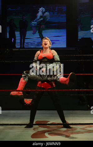 Lnternational professional superstars lottatore in azione durante il Pakistan del primo international professional wrestling Pro-Wrestling eventi di intrattenimento (PWE)a Alhamra Punjabi complesso di Lahore. (Foto: Rana Sajid Hussain / Pacific Stampa) Foto Stock