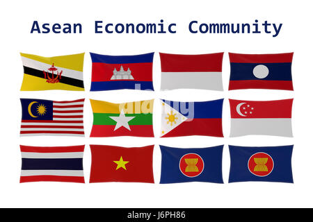 3D rendering del paese dell' ANASE bandiere (Associazione delle nazioni del sud-est asiatico) e l'Asean Economica Europea (AEC) membership Foto Stock