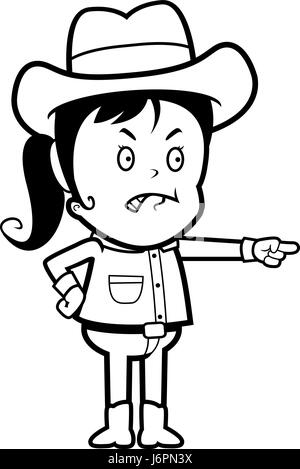 Un cartoon poco cowgirl arrabbiato e puntamento. Illustrazione Vettoriale