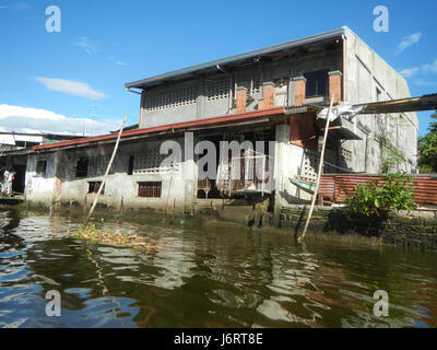 L'immagine cattura le tranquille rive del fiume Panasahan nella città di Malolos, Bulacan. L'area ospita varie specie di uccelli, offrendo un ricco habitat naturale per la fauna locale. Le rive del fiume offrono vedute panoramiche, contribuendo alla biodiversità della regione. Foto Stock