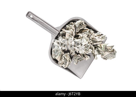 Crumpled Hundred Dollar Bills in uno scoop vista dall'alto isolato su uno sfondo bianco Foto Stock