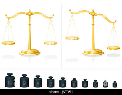 Scala per la matematica e la fisica - calcolare con dieci diversi pesi e imparare a contare e oltre - li sul bilanciati o non bilanciati padelle. Foto Stock