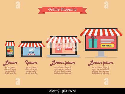 Online il concetto di shopping in stile piatto ed infografico. i dispositivi mobili e internet il concetto di shopping Illustrazione Vettoriale