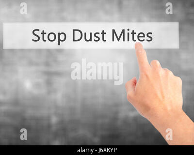 Smettere di acari della polvere - Mano premendo un pulsante sul fondo sfocato concetto . Business, tecnologia internet concetto. Stock Photo Foto Stock