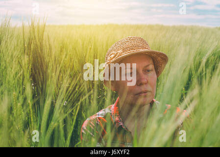 L'agricoltore femmina esaminando spighe di grano in campo, donna che lavorano sul raccolto di cereale plantation Foto Stock