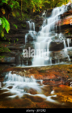 Vista frontale del possente Somersby naturale cascata di rocky creek su Australian Central Coast. Lattiginoso sfocata torrente scorre verso il basso circondato da felci e Foto Stock