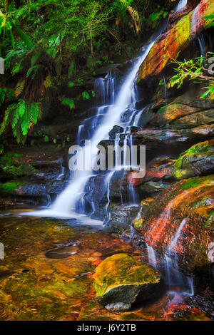 Vista laterale di coloratissimi sfocata Somersby liscia cascata in Australia NSW Central Coast parco naturale. Acqua fluente lava rocce di arenaria e evergre Foto Stock