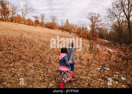 Due bambini in esecuzione su per una collina tenendo le mani Foto Stock