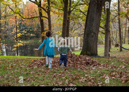 Ragazzo e una ragazza tenendo le mani in esecuzione attraverso la foresta Foto Stock