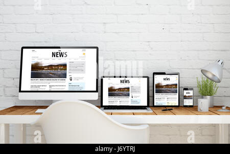 Desktop multidispositivo con sensibile news websiteon schermate. Il rendering 3d. Foto Stock