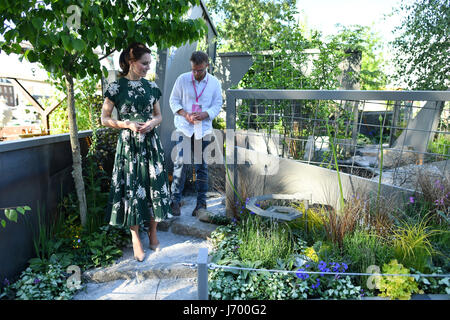 La Duchessa di Cambridge (sinistra) parla con la parte settentrionale di stilista irlandese Ian prezzo come lei vede il suo giardino "trappola ind' durante una visita alla RHS Chelsea Flower Show, presso il Royal Hospital Chelsea, Londra. Foto Stock