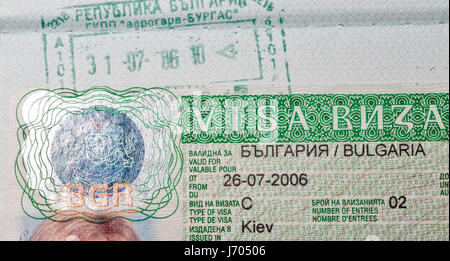 Visto bulgaro nel passaporto closeup macro, rilasciato a Kiev in Ucraina. Foto Stock