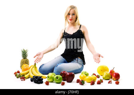 Donna progenie di frutta frutta mela apple arance pere grappoli di Foto Stock