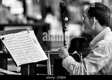 Aprile 2017 - Guangzhou, Cina. Opera Cinese musicista che gioca il Erhu durante la lettura di brani di musica cinese foglio. Foto Stock