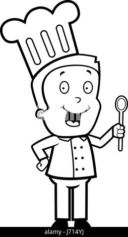 Un felice cartoon bambino chef con un cucchiaio di legno. Illustrazione Vettoriale