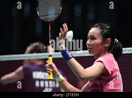 (170522) -- GOLD COAST, 22 maggio 2017 (Xinhua) -- Tai Tzu Ying di Taipei cinese reagisce durante le donne singoli match del gruppo 1-Gruppo 1B contro Evgeniya Kosetskaya della Russia a totale BWF Sudirman Cup 2017 in Gold Coast, Australia, 22 maggio 2017. (Xinhua/Lui Siu Wai) Foto Stock