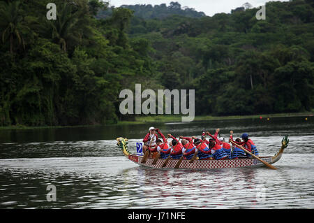 Panama City, Panama. 21 Maggio, 2017. Gli atleti competere durante il terzo Dragon Boat Festival nella città di Panama, capitale di Panama, 21 maggio 2017. Un totale di 18 squadre hanno partecipato al festival di Domenica. Credito: Mauricio Valenzuela/Xinhua/Alamy Live News Foto Stock