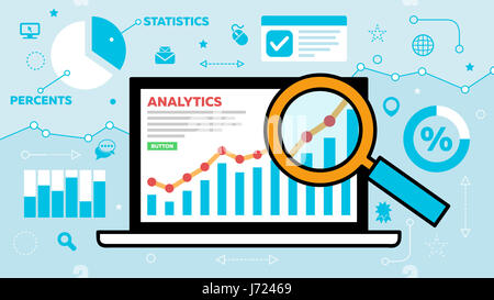 Un'analisi e statistiche concetto figura su un grafico colorato che è sotto un microscopio su un laptop. icone correlate circondano il computer. Foto Stock