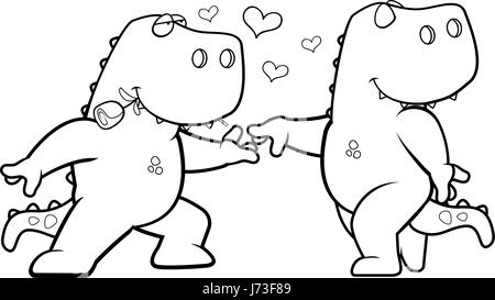 Due happy cartoon dinosauri in amore gli uni con gli altri. Illustrazione Vettoriale