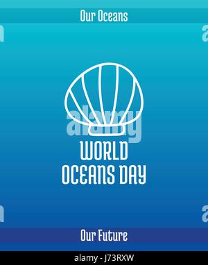 Gli oceani del mondo giorno 8 giugno. Promuovere la carta con disegnati a mano doodle, linea del vettore illustrazione. Appartamento conchiglia. Immagine bianca su un gradiente di sfondo blu Illustrazione Vettoriale