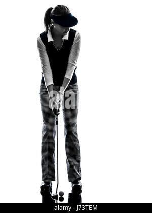 Donna golfista golf silhouette in sfondo bianco Foto Stock