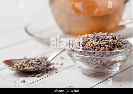 Una tazza di tè con freschi e secchi fiori di lavanda su uno sfondo bianco. Naturale tè alle erbe in un colore bianco porcellana tazza guarnita con prodotti freschi e di erbe secche. Foto da sopra. Foto Stock