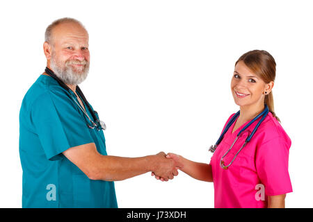 Immagine di due medici soddisfatti su un sfondo isolato Foto Stock