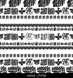 Vettore senza giunture maya pattern. In bianco e nero gli elementi etnico. Tribal scarabocchi ornamento. Abstract simboli antichi gli uccelli, gli animali e le facce Illustrazione Vettoriale
