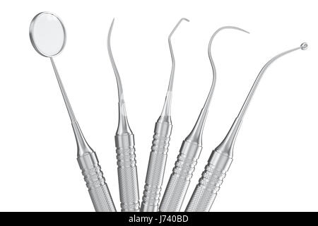 Set dentale, specchio, sonda isolata su sfondo bianco del rendering 3D Foto Stock