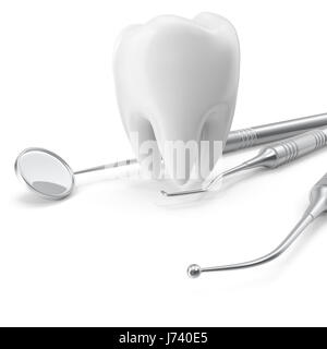 Set dentale, specchio, sonda con dente, concep care isolati su sfondo bianco. Il rendering 3D Foto Stock