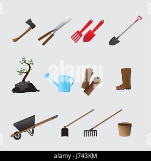 Set di vari elementi di giardinaggio. Attrezzi da giardino. illustrazione di articoli per il giardinaggio. Illustrazione Vettoriale. Illustrazione Vettoriale