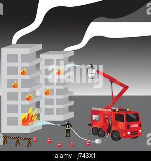 Rosso fuoco carrello e vigile del fuoco in uniforme. I vigili del fuoco. Vigili del fuoco e il team. Salvataggio. Illustrazione Vettoriale. Illustrazione Vettoriale