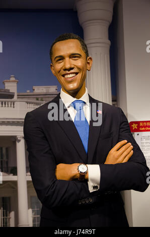 Singapore - settembre 15,2015 : La cera figura di Barack Obama in Madame Tussauds di Singapore. Foto Stock