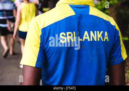 Un sostenitore della squadra di Sri Lanka del grillo indossa una maglietta con il suo paese a nome scritto sul retro. Foto Stock
