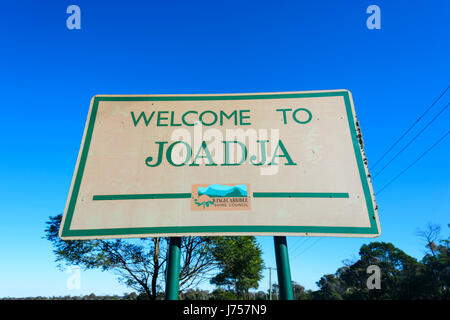 Benvenuto a Joadja segno, una città fantasma nelle Highlands Meridionali, Nuovo Galles del Sud, NSW, Australia Foto Stock