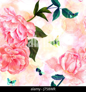 Modello senza cuciture con pastello acquerello Rose e farfalle Foto Stock