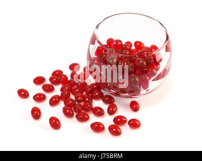 Illustrazione di pesce rosso capsule di olio nel recipiente di vetro con tracciato di ritaglio Foto Stock