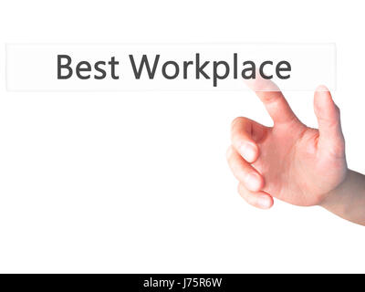 Miglior ambiente di lavoro - Mano, premendo un tasto su sfondo sfocato concetto . Business, tecnologia internet concetto. Stock Photo Foto Stock