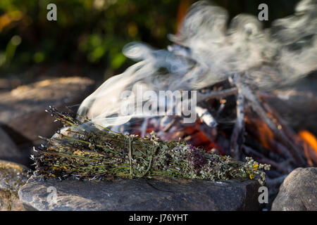 Räuchern am Lagerfeuer, Räucherbündel, Räucherbüschel, Räucherritual, Sommersonnenwende, Räuchern mit Kräutern, Kräuter verräuchern, Wildkräuter, Duft Foto Stock