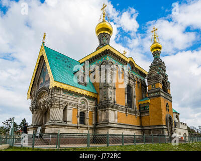 Darmstadt Colonia degli Artisti al Mathildenhoehe con la Cappella russa, noto anche come chiesa russa ortodossa santa Maria Maddalena Cappella, Darmstadt, Germania Foto Stock